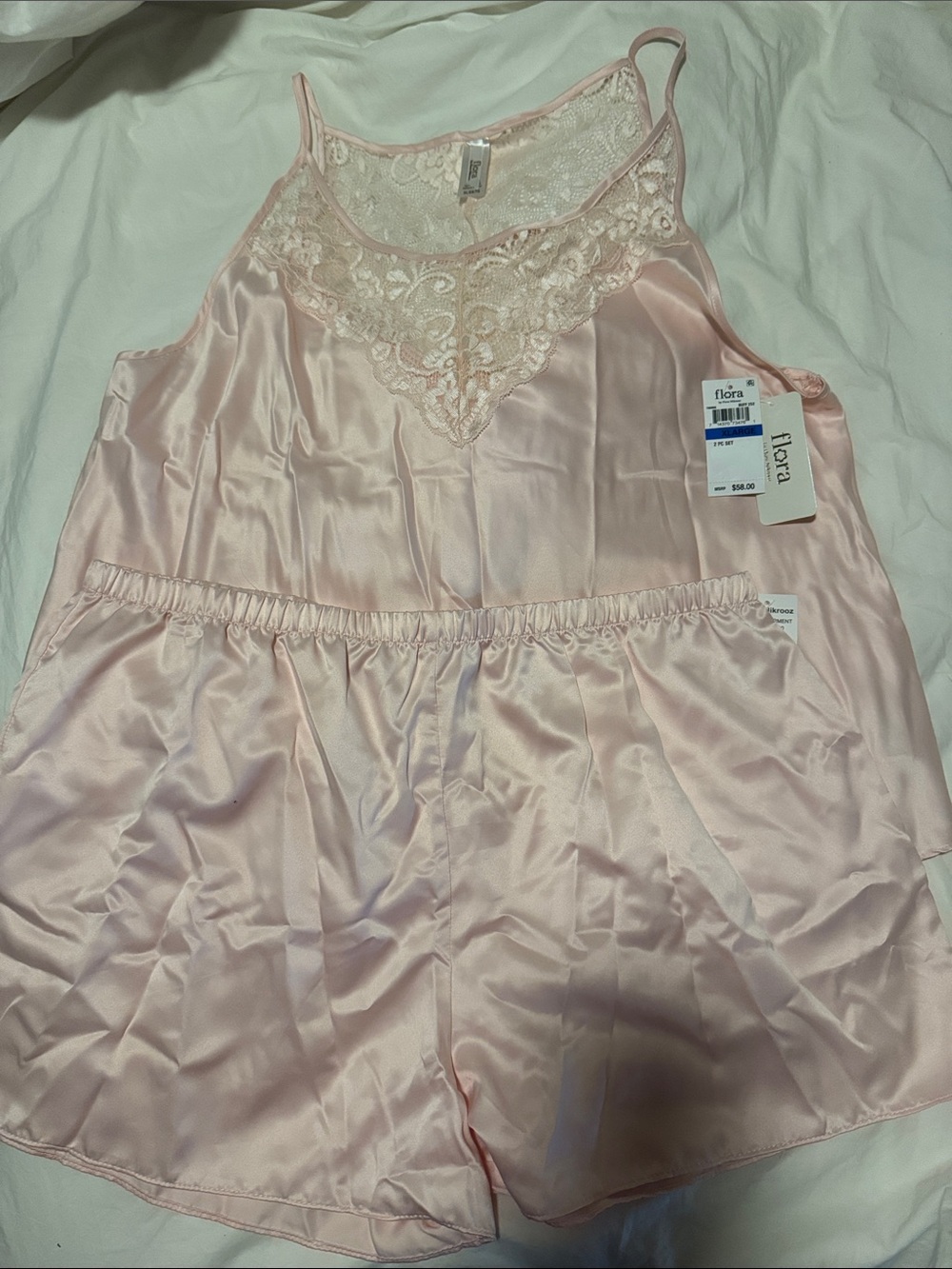 Flora Satin Lace-Trim Cami & Short Pajama Set — Light Pink